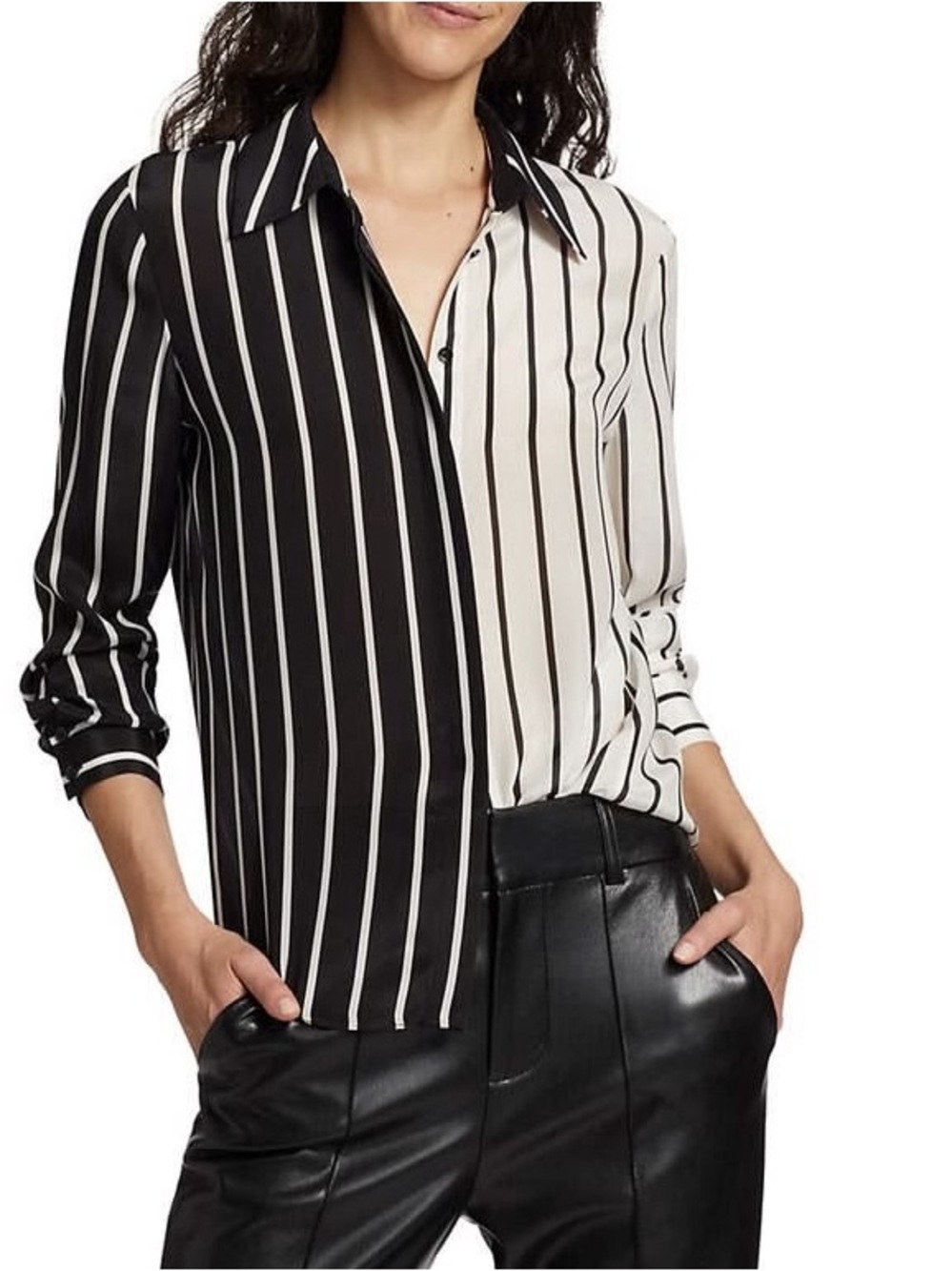 Alice + Olivia Willa Colorblock Silk Button-Up Shirt L